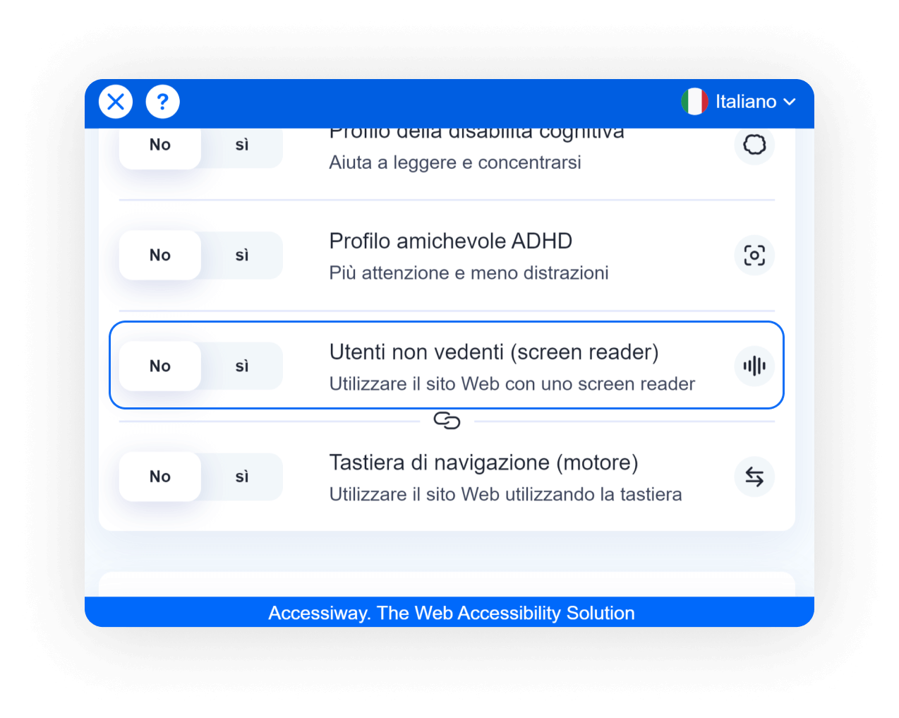 Interfaccia di AccessiWay con selezionato il profilo per Utenti non vedenti