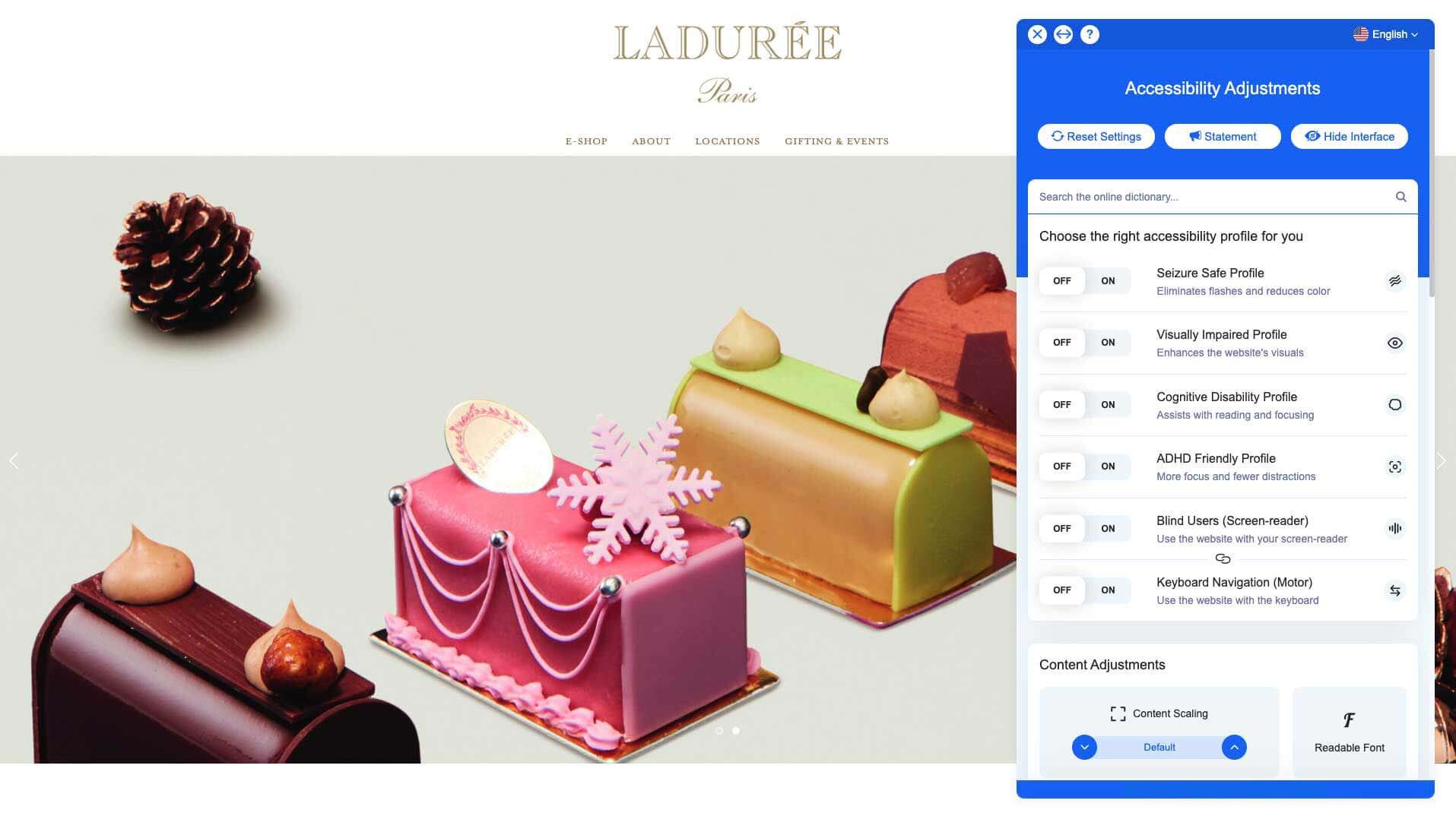 Schermata del sito web Ladurée Paris con l’interfaccia di accessibilità di colore blu