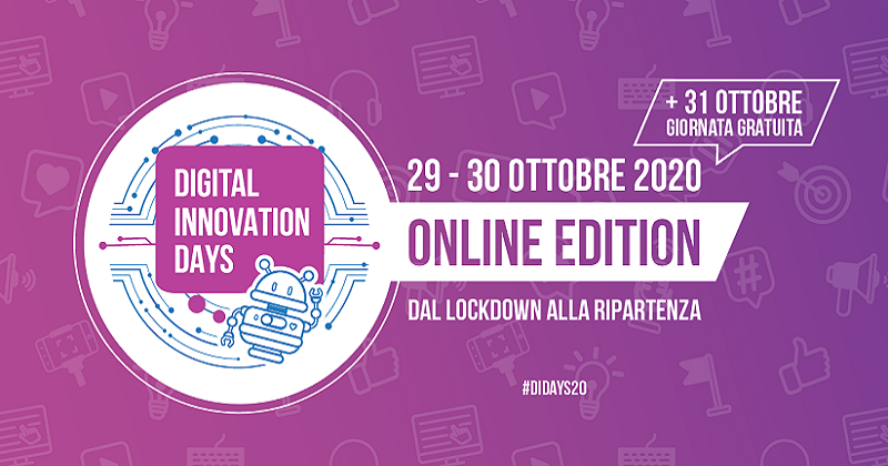 Presentazione del Digital innovation days su sfondo viola con simboli riconducibili all'intrattenimento