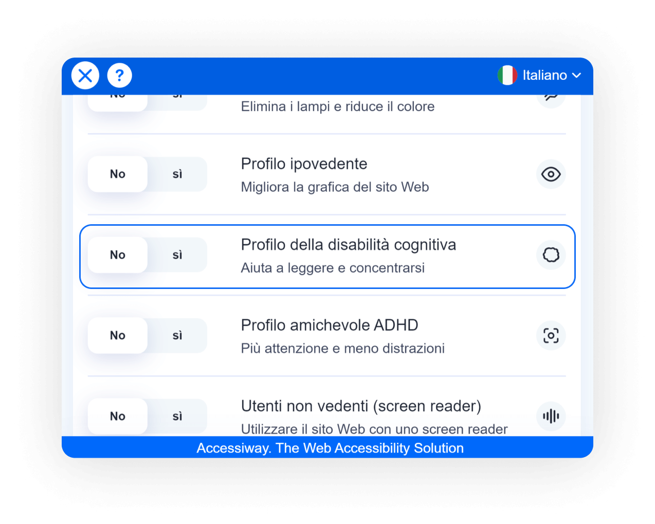 Interfaccia di AccessiWay con selezionato il profilo della disabilità cognitiva