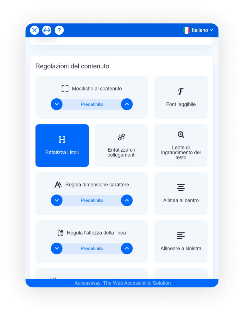 Interfaccia di AccessiWay con selezionata la funzionalità “enfatizza i titoli”