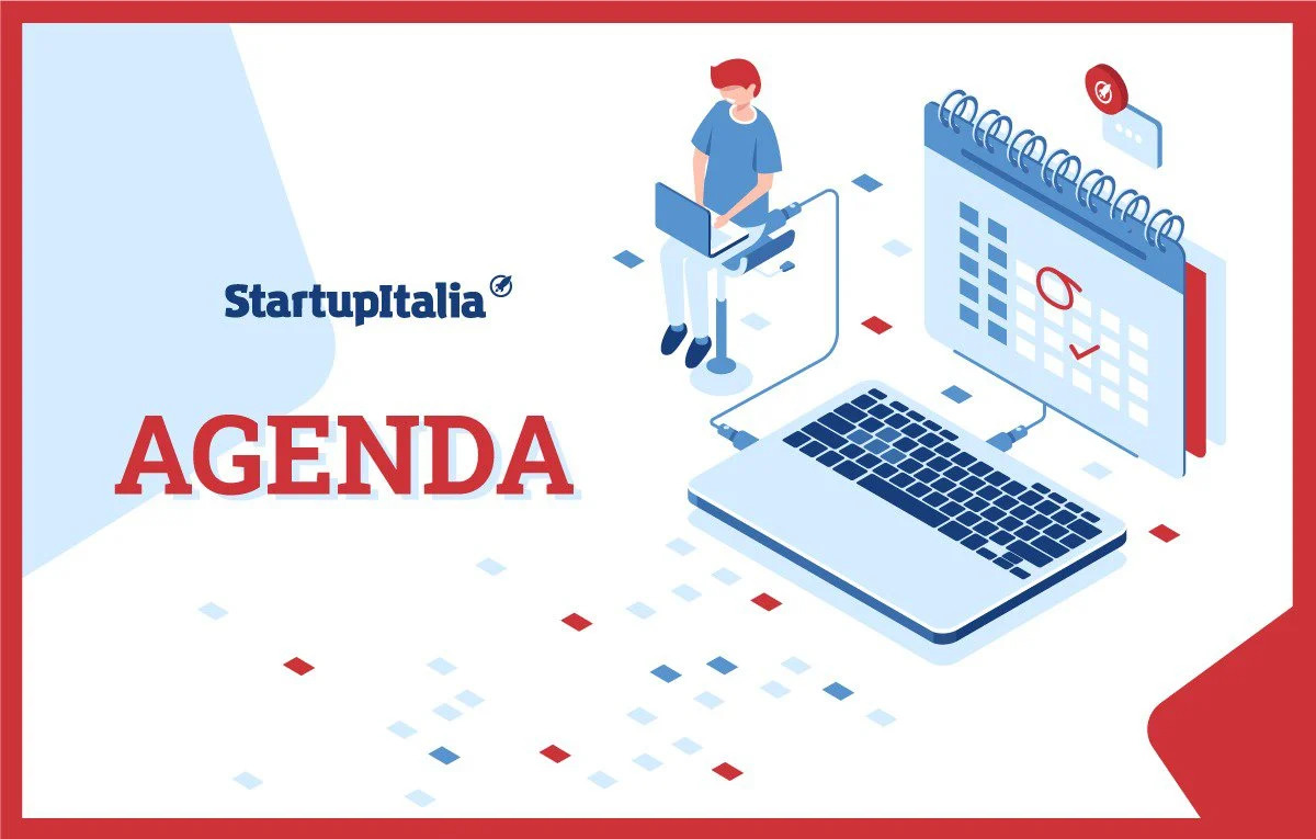 Illustrazione "Agenda Startup Italia" con un calendario e la tastiera di un computer