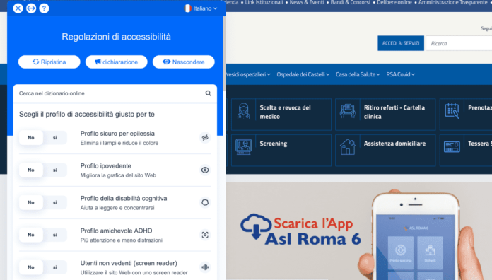 Schermata del sito della Asl Roma 6 con l'interfaccia delle regolazioni di accessibilità offerte da AccessiWay