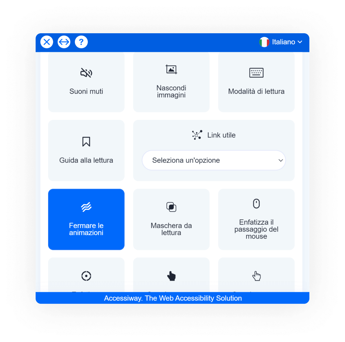 Interfaccia di AccessiWay con la funzionalità “Fermare le animazioni” selezionata