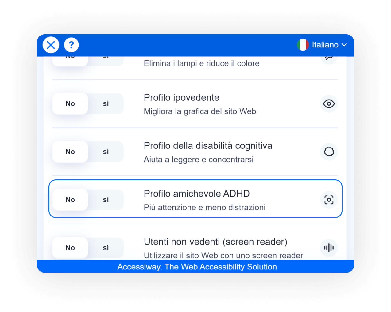 Interfaccia di AccessiWay con selezionato il profilo amichevole ADHD