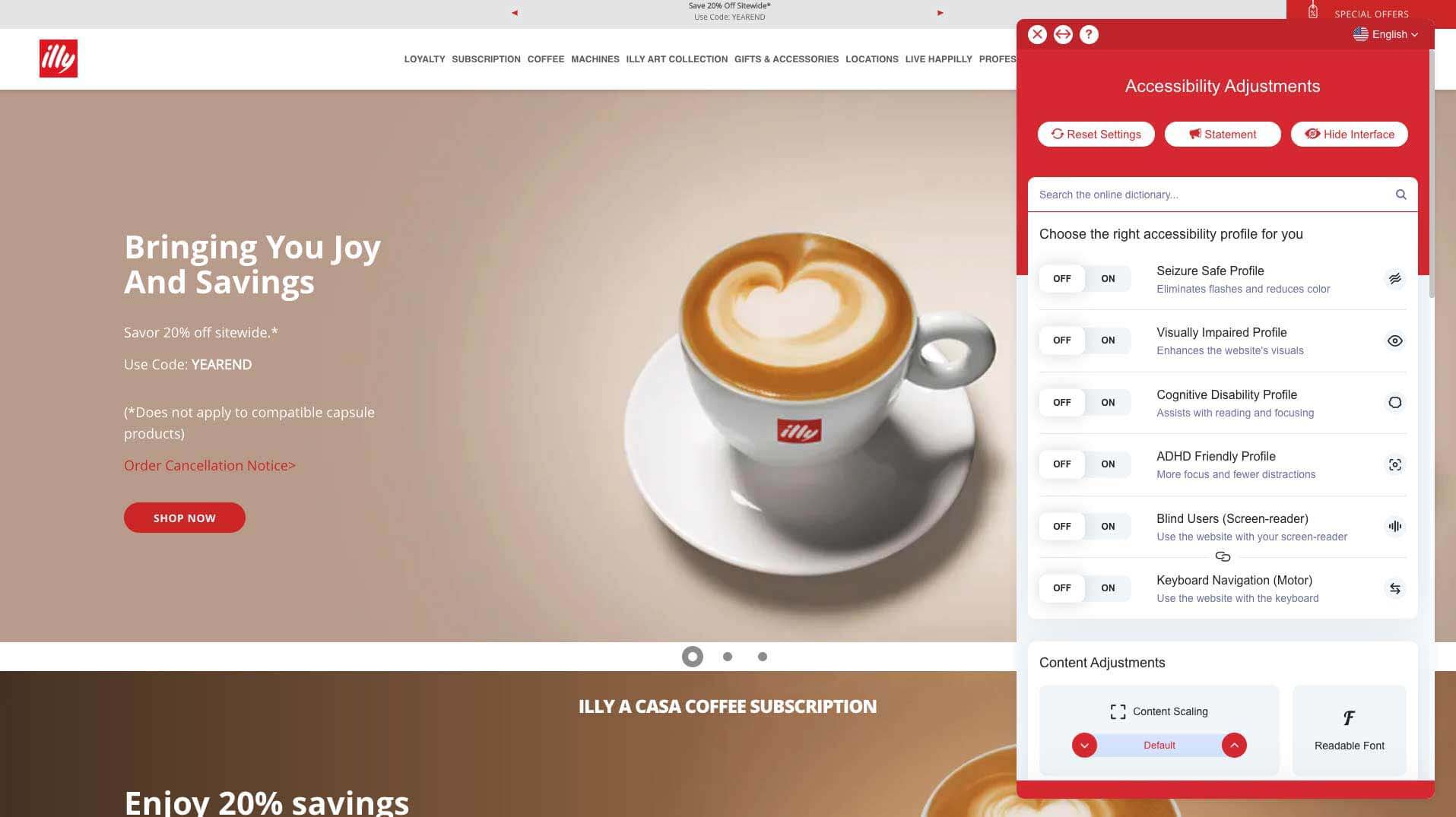 Schermata del sito web Illy Caffè con l’interfaccia di accessibilità di colore rosso