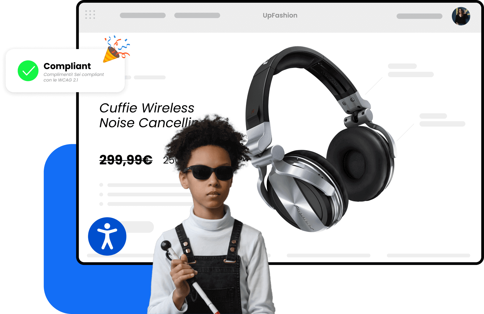 Collage di immagini composto da una bambina non vedente alle cui spalle è mostrato un esempio di sito web conforme alle WCAG grazie ad AccessiWay