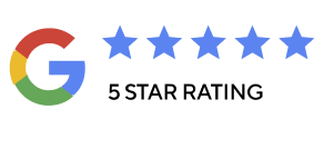 Google logo with five blue stars accompanied by the words '5 star rating'