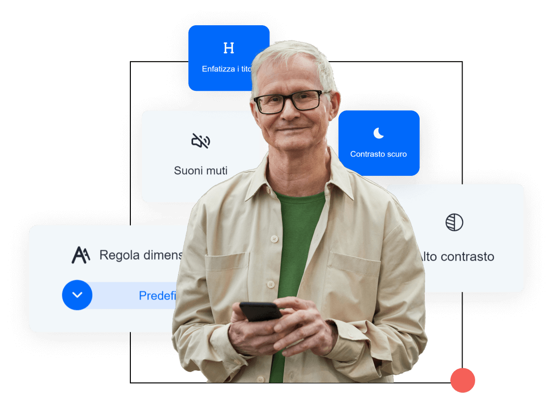 Uomo anziano con in mano un telefono cellulare con intorno diverse funzionalità di AccessiWay come Contrasto Scuro, Suoni Muti, Enfatizza titoli.