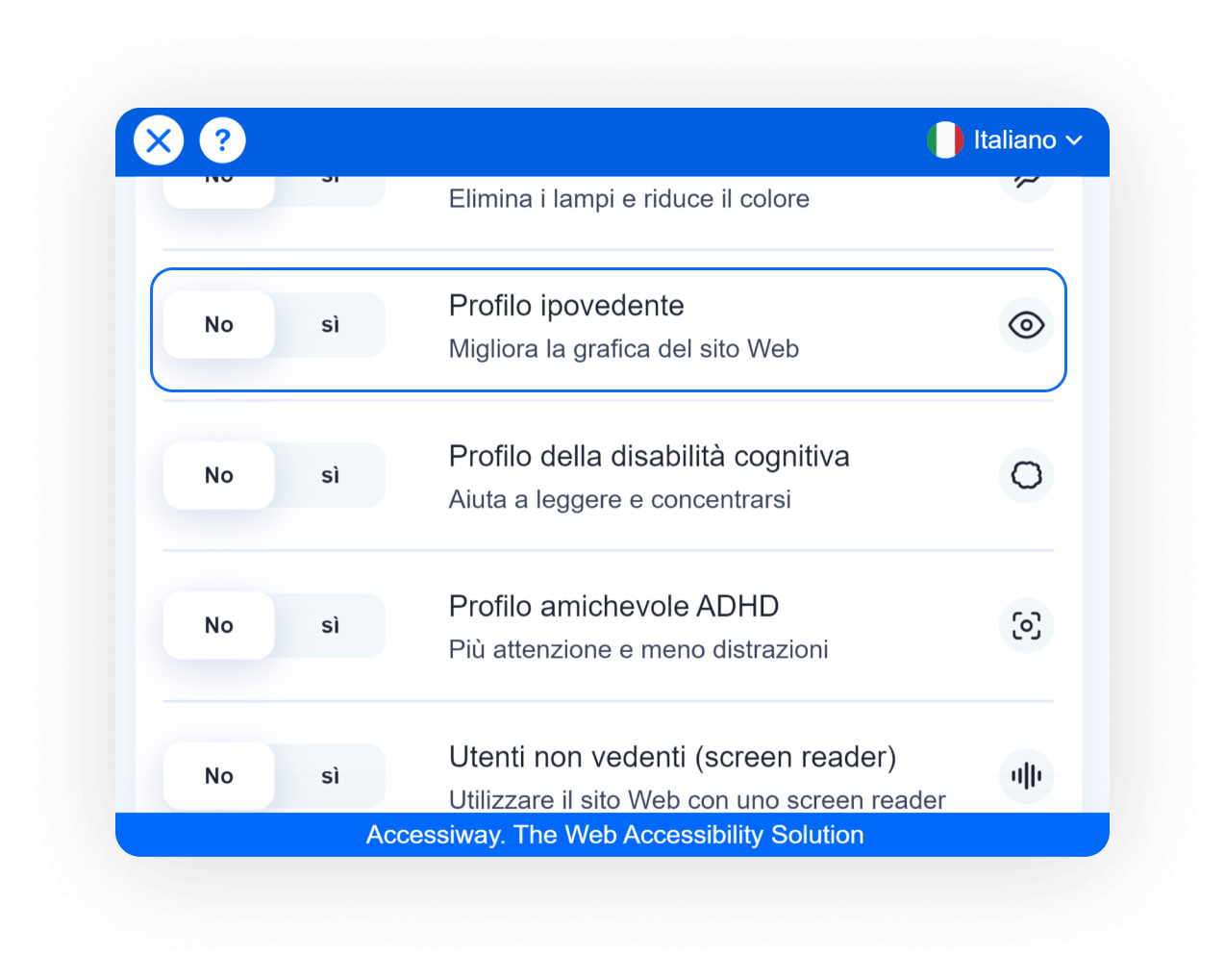 Interfaccia di AccessiWay con selezionato il profilo ipovedente