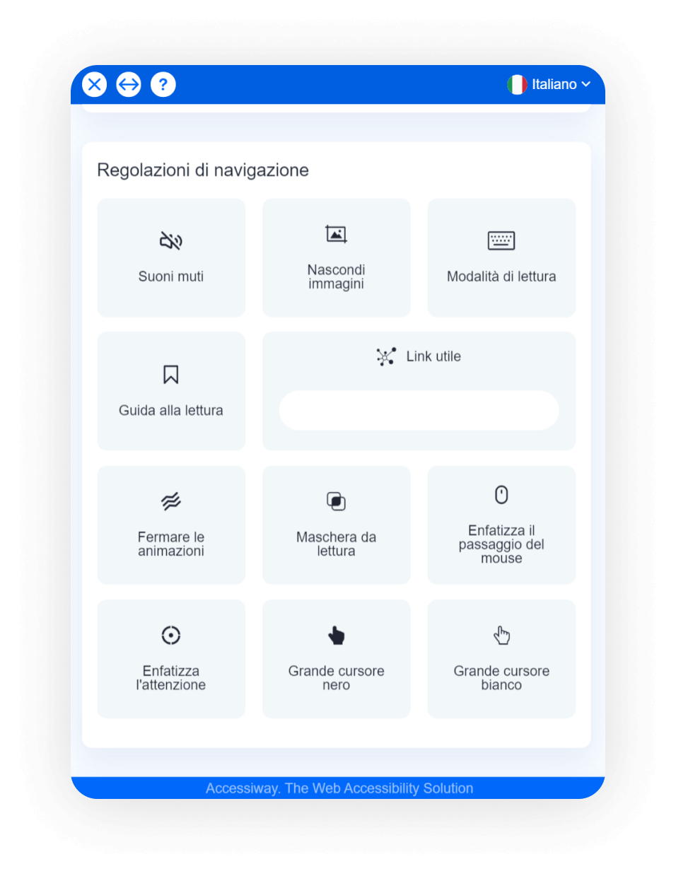 Interfaccia di AccessiWay con le regolazioni di navigazione