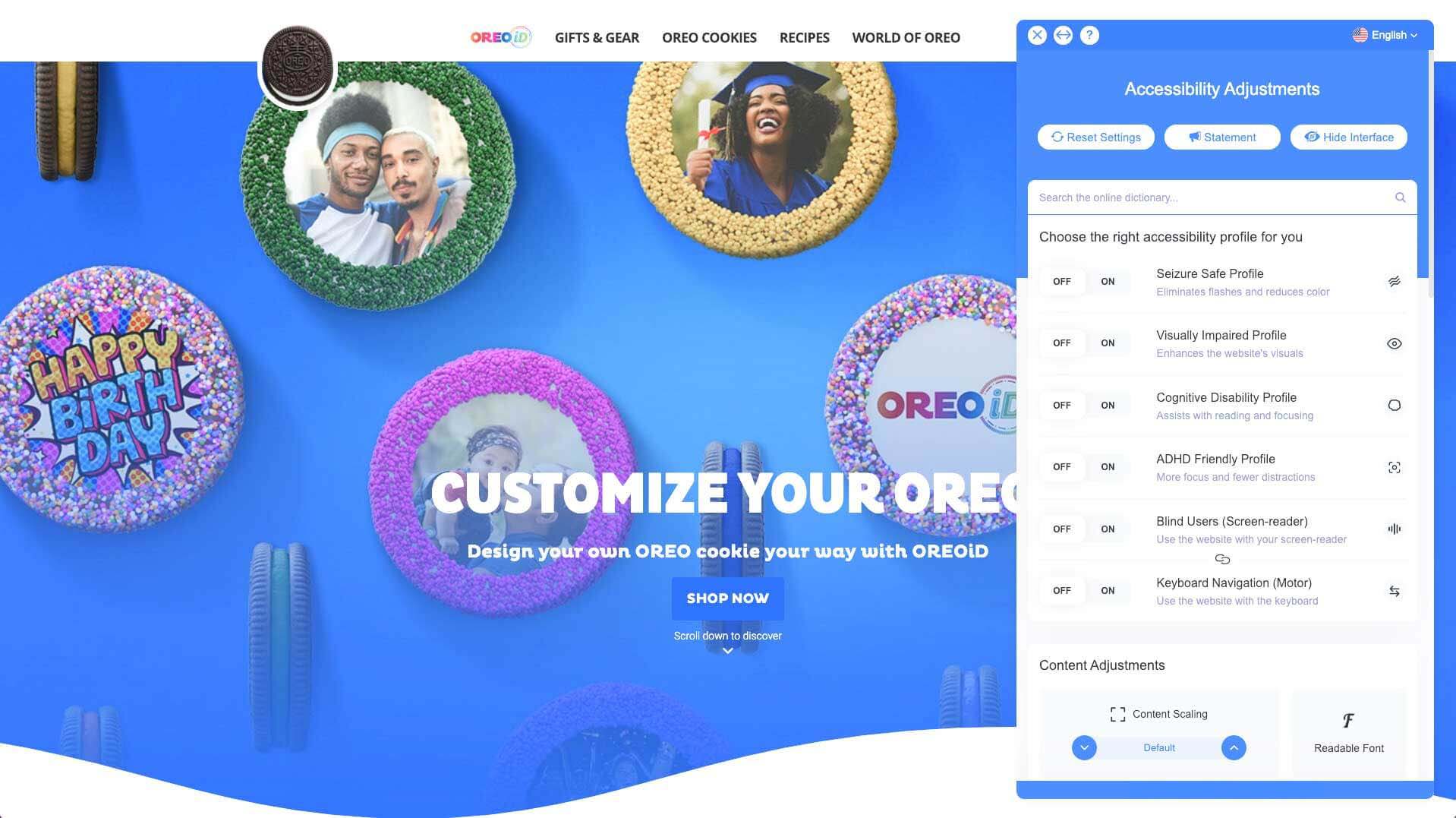 Schermata del negozio online di Oreo con l’interfaccia di accessibilità di colore blu