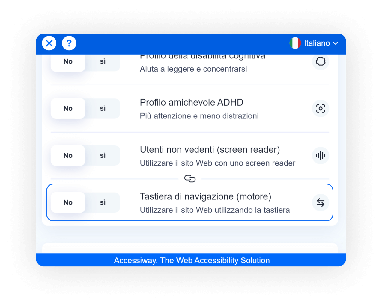 Interfaccia di AccessiWay con selezionato il profilo di navigazione da Tastiera