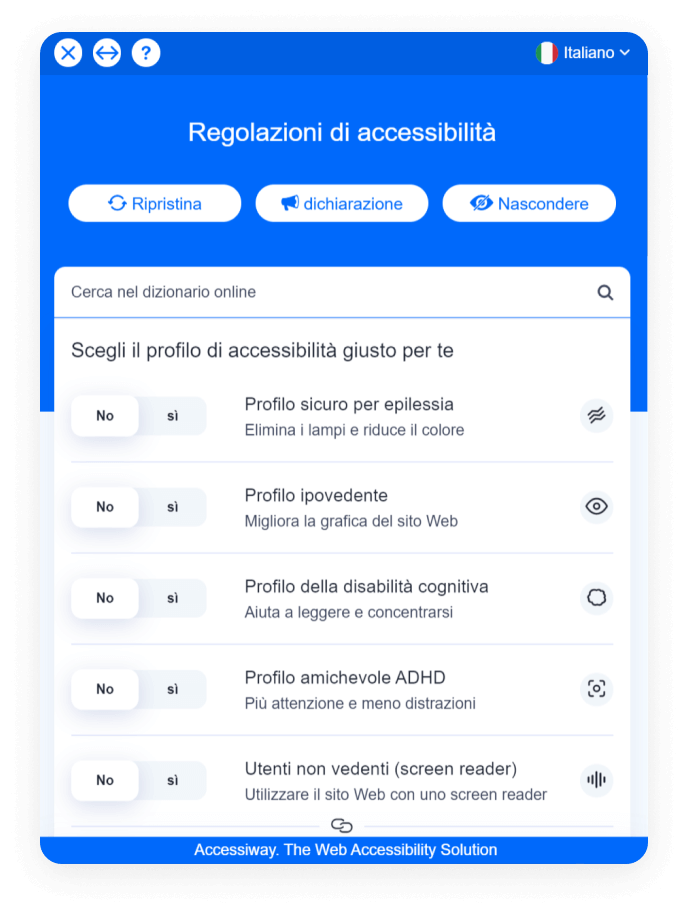 Interfaccia di AccessiWay con i diversi profili di accessibilità