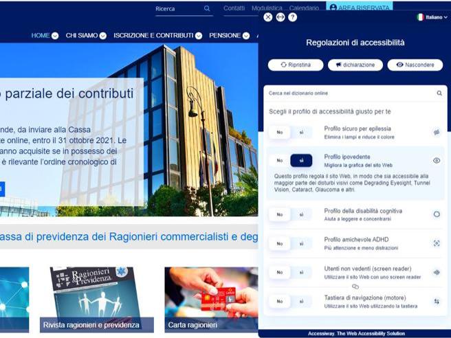 Sito Cassa Ragionieri con l'interfaccia di AccessiWay attiva