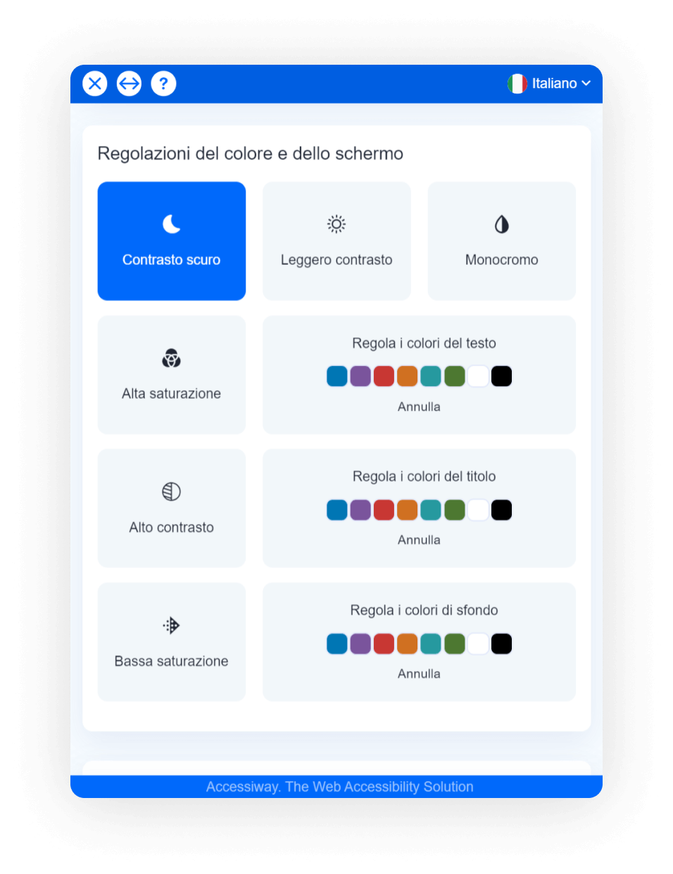 Interfaccia di AccessiWay con selezionata la funzionalità “contrasto scuro”