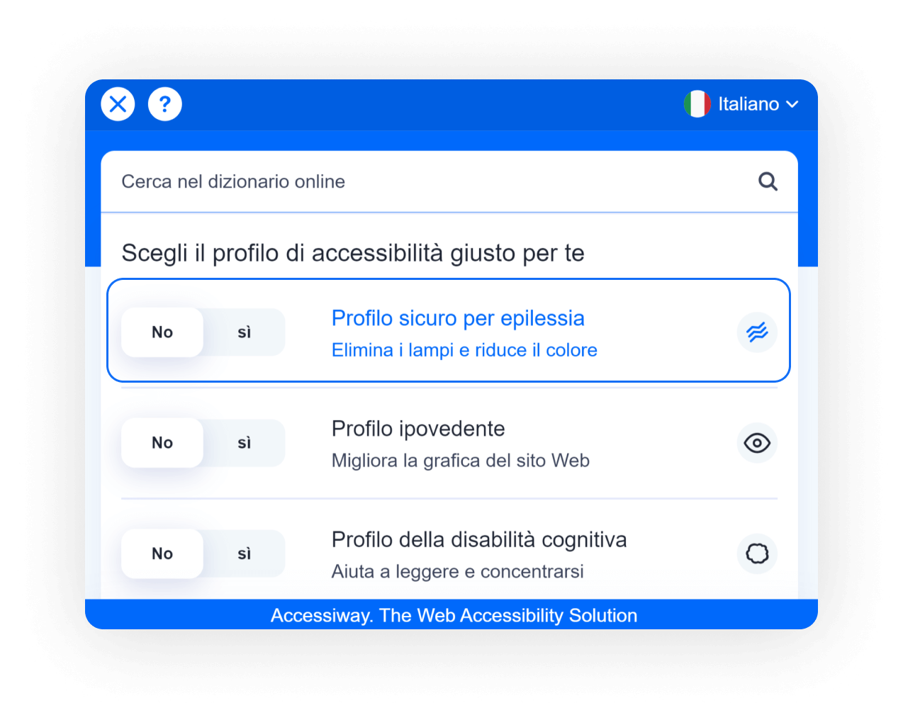 Interfaccia di AccessiWay con selezionato il profilo sicuro per l’epilessia