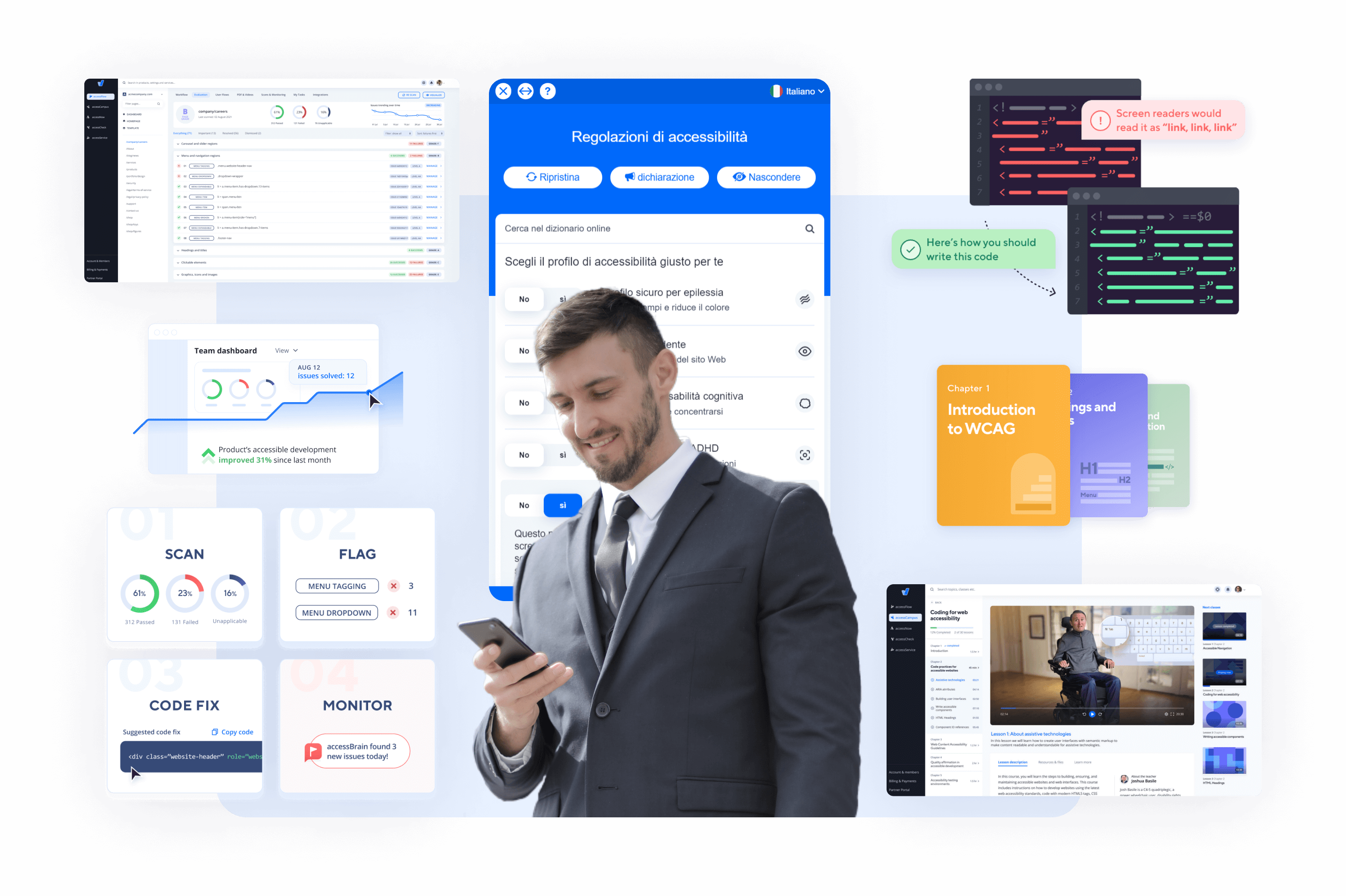 Un ragazzo circondato da schermate che mostrano alcune delle funzioni di AccessiWay