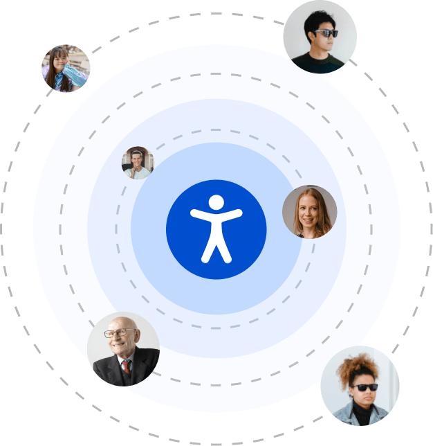 Icona blu dell’accessibilità circondata da sette immagini di utenti con disabilità