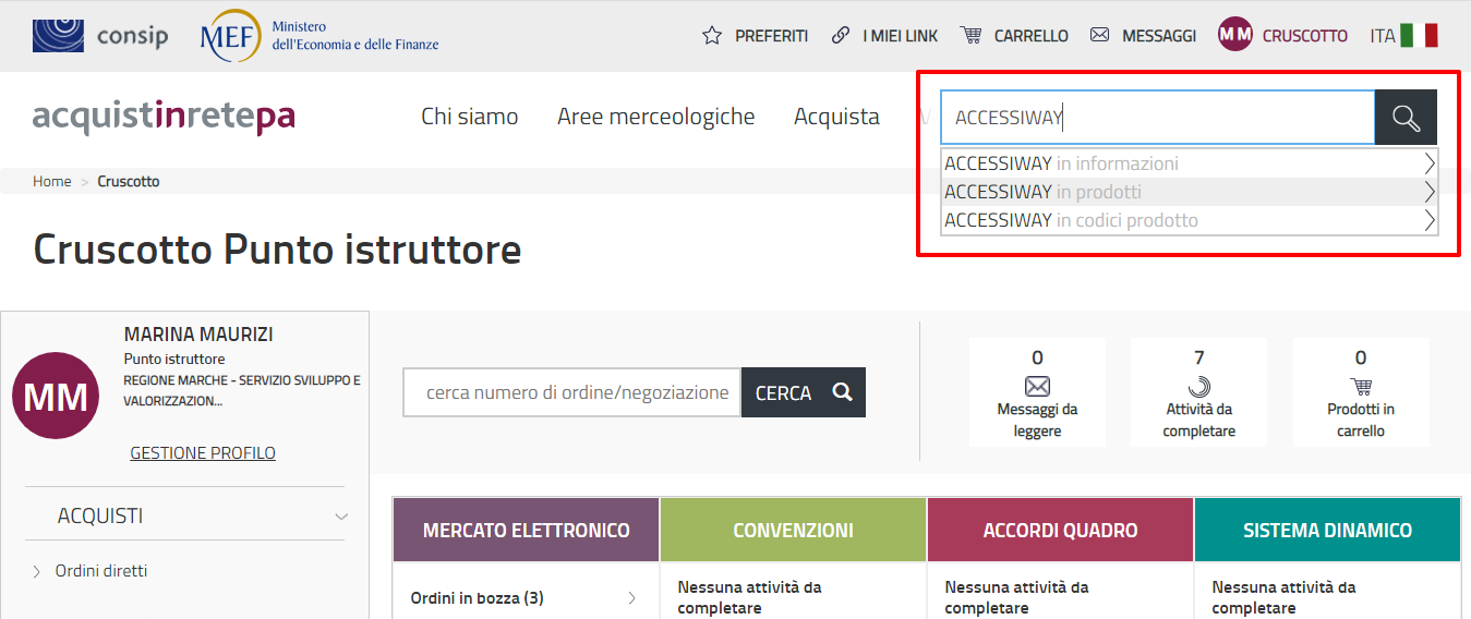 Schermata del sito acquistinretepa.it con barra di ricerca riquadrata in rosso che mostra come ricercare AccessiWay per nome del fornitore